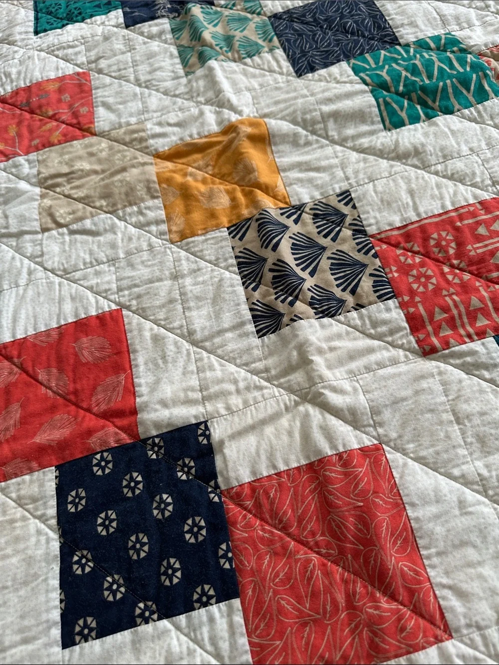 Handmade Geometric Patchwork Quilt in Cream with Multicolor Squares